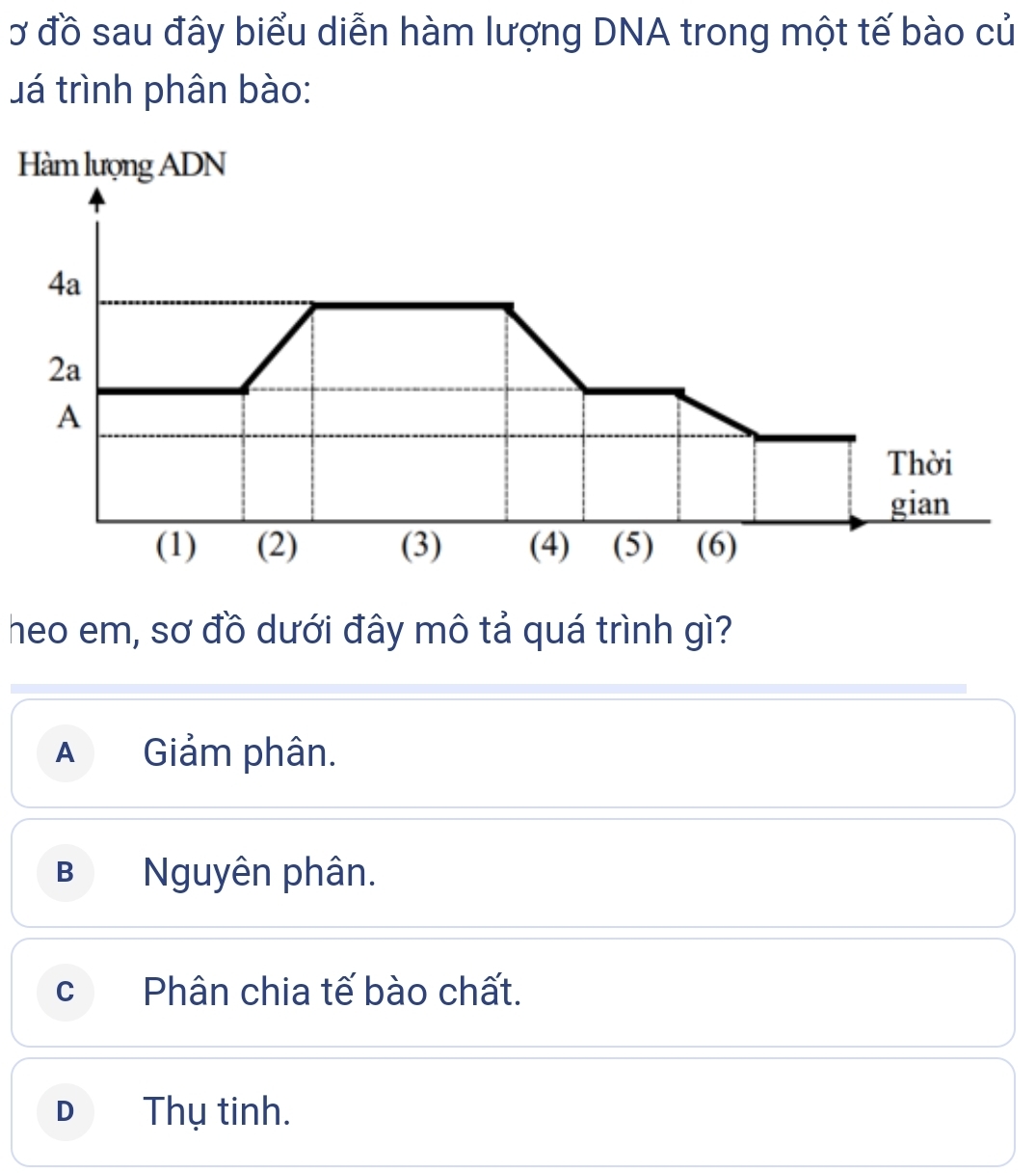 Ở đồ sau đây biểu diễn hàm lượng DNA trong một tế bào củ
uá trình phân bào:
H
heo em, sơ đồ dưới đây mô tả quá trình gì?
A Giảm phân.
B Nguyên phân.
cí Phân chia tế bào chất.
D Thụ tinh.