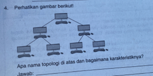 Perhatikan gambar berikut! 
Apa nama topologi di atas dan bagaimarakteristiknya? 
Jawab: 
_ 
_