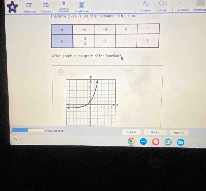 References Glossary Calculator Graphing Graph/Draw Translete Speak Line Reader Snkethroug
The table gives values of an exponential function.
Which graph is the graph of the function?
A
Progress 8 of 16 < Back Go To Next >