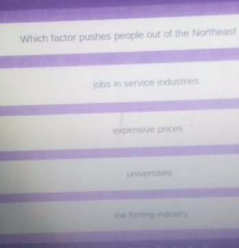 Which factor pushes people out of the Northeast
jobs in service industries
expensive prices
universities
the fishing irdustry