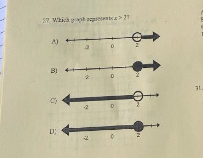 Which graph represents x>2 ? 

A 
B 
31. 
C 
D