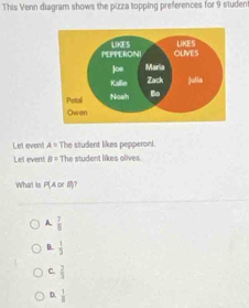 This Venn diagram shows the pizza topping preferences for 9 studen
Let event A= The student likes pepperoni.
Let event B= The student likes olives.
What is P(AorB)
A.  7/5 
B.  1/3 
C.  2/3 
D.  1/3 