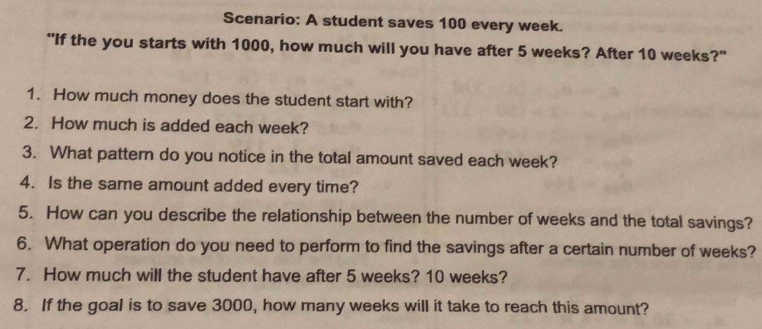 Scenario: A student saves 100 every week. 
"If the you starts with 1000, how much will you have after 5 weeks? After 10 weeks?" 
1. How much money does the student start with? 
2. How much is added each week? 
3. What pattern do you notice in the total amount saved each week? 
4. Is the same amount added every time? 
5. How can you describe the relationship between the number of weeks and the total savings? 
6. What operation do you need to perform to find the savings after a certain number of weeks? 
7. How much will the student have after 5 weeks? 10 weeks? 
8. If the goal is to save 3000, how many weeks will it take to reach this amount?