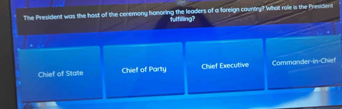 The President was the host of the ceremony honoring the leaders of a foreign country? What role is the President
fulfilling?
Chief of State Chief of Party Chief Executive Commander-in-Chief