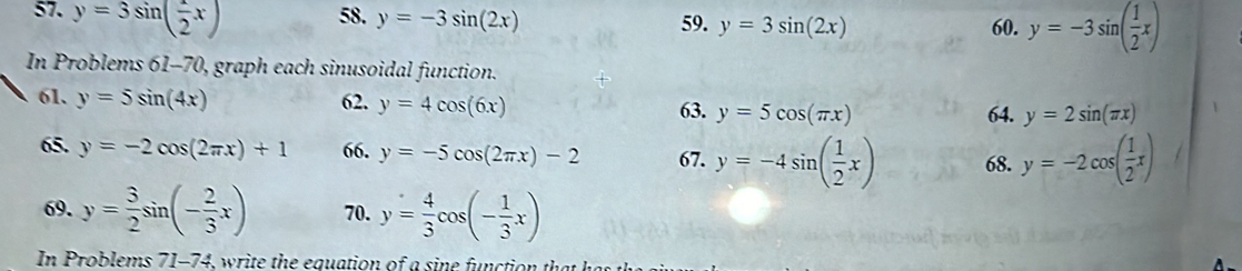 y=3sin ( 1/2 x) 58. y=-3sin (2x) 59. y=3sin (2x) 60. y=-3sin ( 1/2 x)
In Problems 61-70, graph each sinusoidal function. 
61. y=5sin (4x) 62. y=4cos (6x) 63. y=5cos (π x) 64. y=2sin (π x)
65. y=-2cos (2π x)+1 66. y=-5cos (2π x)-2 67. y=-4sin ( 1/2 x) 68. y=-2cos ( 1/2 x)
69. y= 3/2 sin (- 2/3 x) 70. y= 4/3 cos (- 1/3 x)
In Problems 71-74, write the eguation of a sine function th