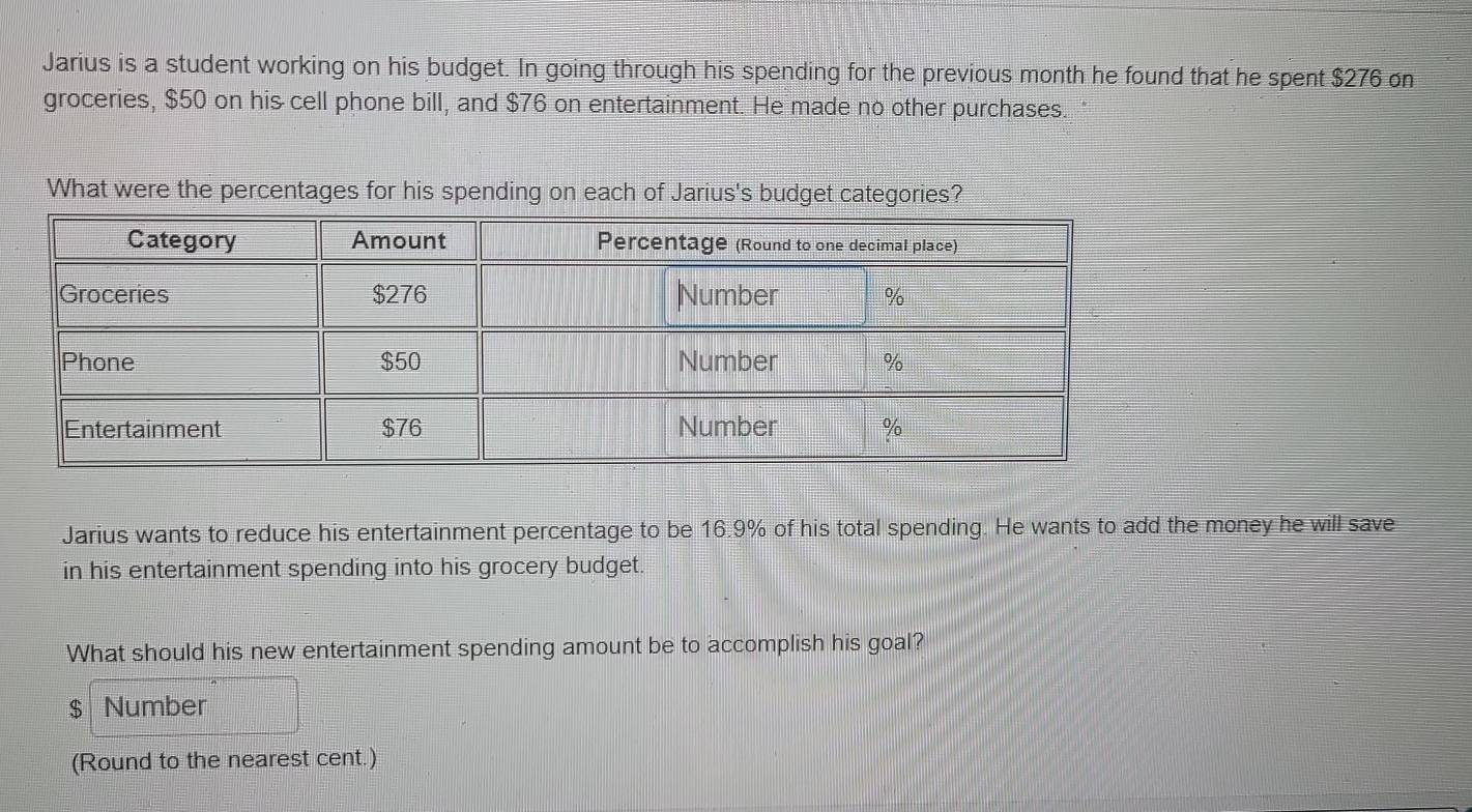 Jarius is a student working on his budget. In going through his spending for the previous month he found that he spent $276 on 
groceries, $50 on his cell phone bill, and $76 on entertainment. He made no other purchases. " 
What were the percentages for his spending on each of Jarius's budget categories? 
Jarius wants to reduce his entertainment percentage to be 16.9% of his total spending. He wants to add the money he will save 
in his entertainment spending into his grocery budget. 
What should his new entertainment spending amount be to accomplish his goal?
$ Number 
(Round to the nearest cent.)