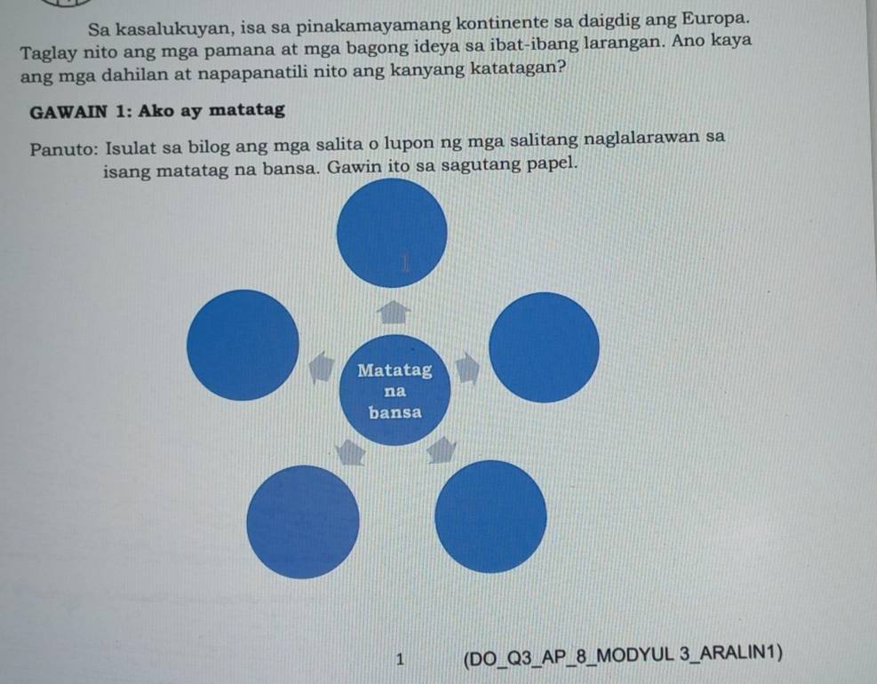 Sa kasalukuyan, isa sa pinakamayamang kontinente sa daigdig ang Europa. 
Taglay nito ang mga pamana at mga bagong ideya sa ibat-ibang larangan. Ano kaya 
ang mga dahilan at napapanatili nito ang kanyang katatagan? 
GAWAIN 1: Ako ay matatag 
Panuto: Isulat sa bilog ang mga salita o lupon ng mga salitang naglalarawan sa 
isang ito sa sagutang papel. 
1 (DO_Q3_AP P_8_MODYUL 3_ARALIN1)