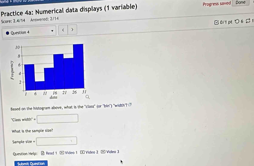 Home > in tro 
Practice 4a: Numerical data displays (1 variable) Progress saved Done 
Score: 2.4/14 Answered: 2/14 
Question 4 < > B 0/1 pt つ 6 ♂ 1 
Based on the histogram above, what is the "class" (or "bin") "width"? ₹ 
''Class width' = □ 
What is the sample size? 
Smple size = □ 
Question Help: Read 1 Video 1 + Video 2 - Video 3 
Submit Question