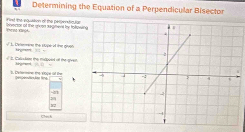 Determining the Equation of a Perpendicular Bisector
Find the equation of the perpendicular
bisector of the given segment by follow
these steps.
sqrt(1). Determine the slope of the given
segment. 322
2. Calculate the midpoint of the given
segnent (1,1)
3. Determine the slope of the 
perpendiícular lína.
-33
33
37
Check