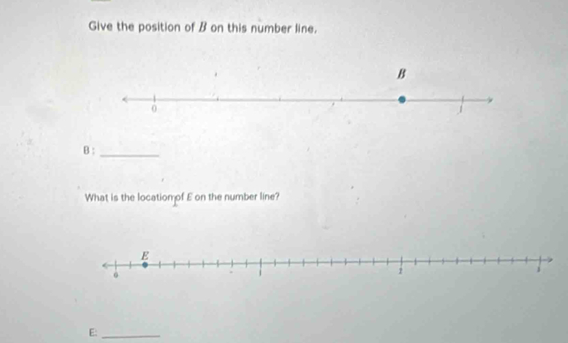 Give the position of B on this number line. 
B :_ 
What is the locatiomof E on the number line? 
E:_