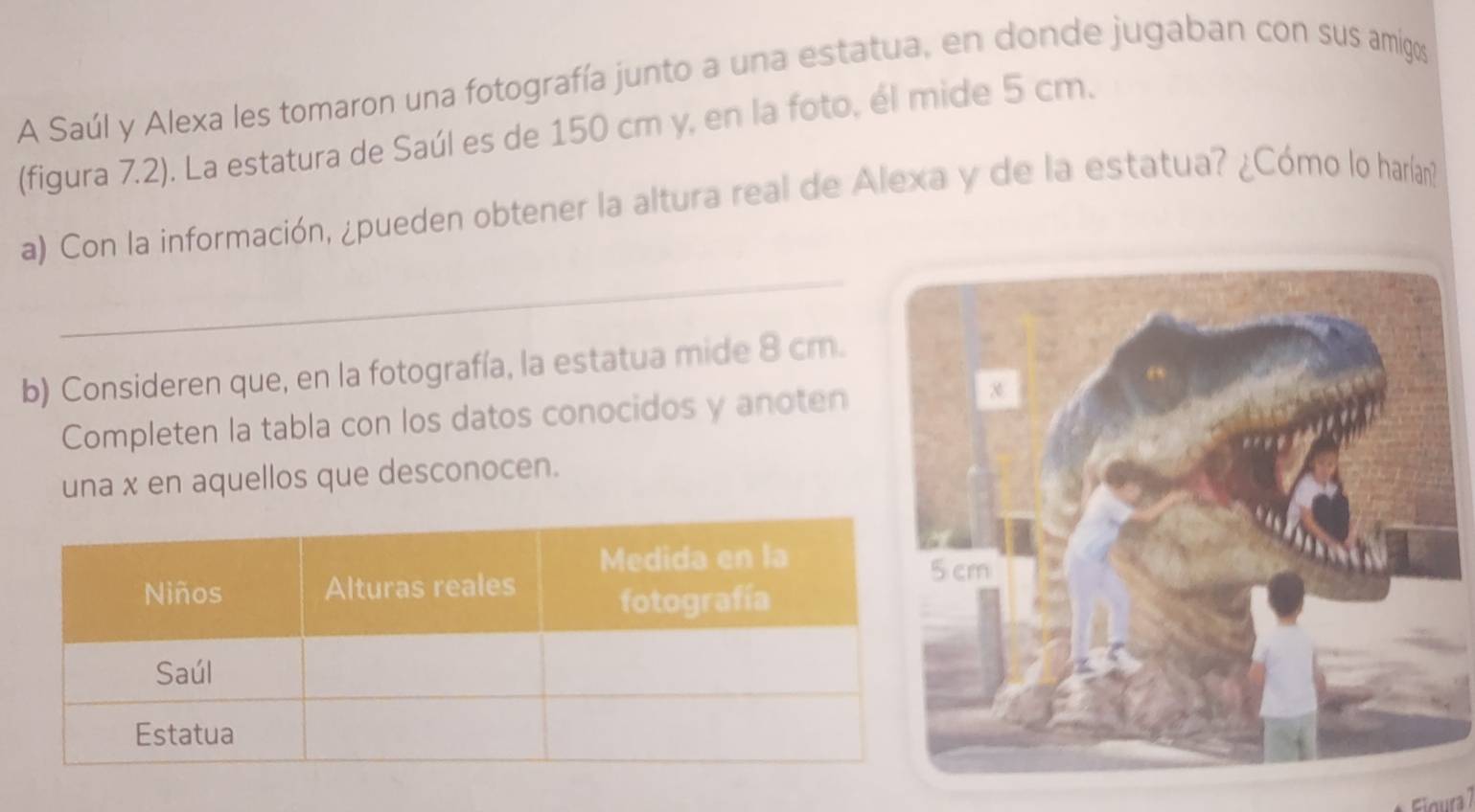 A Saúl y Alexa les tomaron una fotografía junto a una estatua, en donde jugaban con sus amigos 
(figura 7.2). La estatura de Saúl es de 150 cm y, en la foto, él mide 5 cm. 
_ 
a) Con la información, ¿pueden obtener la altura real de Alexa y de la estatua? ¿Cómo lo harían? 
b) Consideren que, en la fotografía, la estatua mide 8 cm. 
Completen la tabla con los datos conocidos y anoten 
una x en aquellos que desconocen.