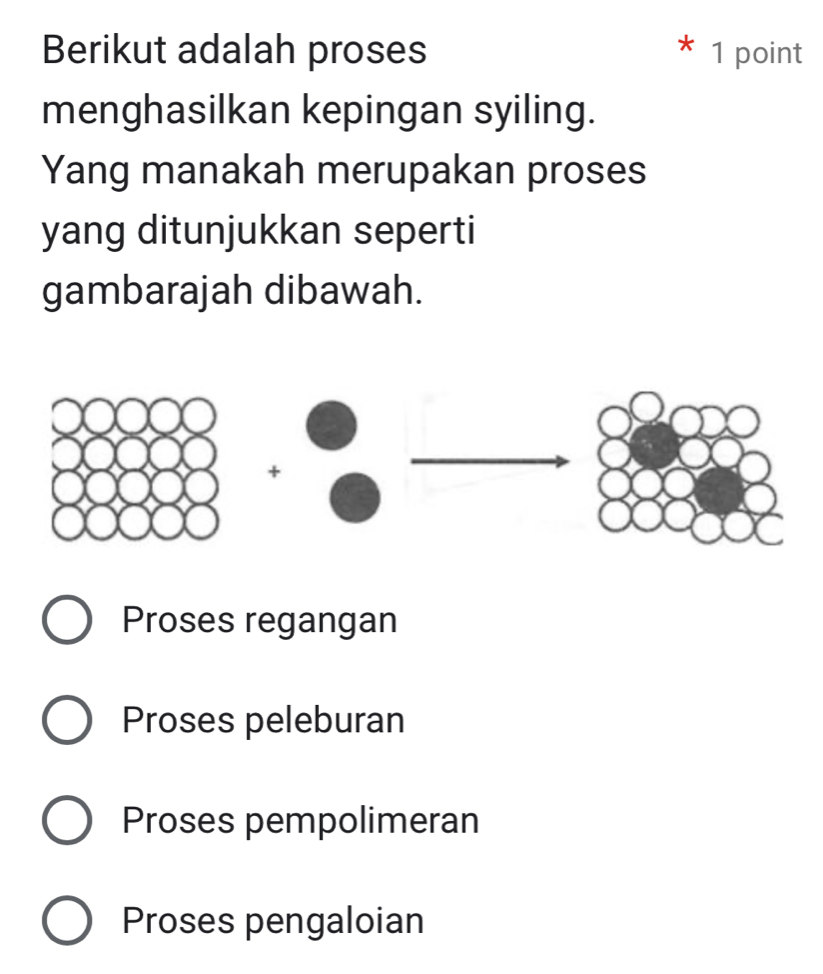 Berikut adalah proses 1 point
menghasilkan kepingan syiling.
Yang manakah merupakan proses
yang ditunjukkan seperti
gambarajah dibawah.
Proses regangan
Proses peleburan
Proses pempolimeran
Proses pengaloian