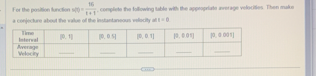 For the position function s(t)= 16/t+1  , complete the following table with the appropriate average velocities. Then make
a conjecture about the value of the instantaneous velocity at t=0.