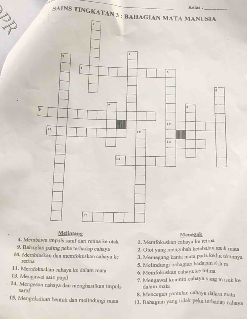 Kelas : 
SAINS TINGKATAN 
Melintang Menegak 
4. Membawa impuls saraf dari retina ke otak 1. Memfokuskan cahaya ke retina 
9. Bahagian paling peka terhadap cahaya 2. Otot yang mengubah ketebalan an k mata 
10. Membiaskan dan memfokuskan cahaya ke 3. Memegang kanta mata pada keducukannya 
retina 
5. Melindungi bahagian hadapan sick ra 
11. Memfokuskan cahaya ke dalam mata 
6. Memfokuskan cahaya ke retina 
13. Mengawal saiz pupil 
7. Mengawal kuantiti cahaya yang masuk ke 
14. Mengesan cahaya dan menghasilkan impuls dalam mata 
saraf 
8. Mencegah pantulan cahaya dalaán mata 
15. Mengekalkan bentuk dan melindungi mata 12. Bahagian yang tidak peka terhadajı cahaya