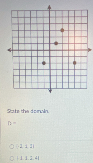 State the domain.
D=
 -2,1,3
 -1,1,2,4