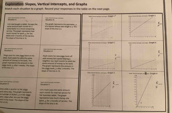 Exploration: Slopes, Vertical Intercepts, and Graphs 
Match each situation to a graph. Record your responses in the table on the next page. 
Stuation A ____ 
Situation B Sn lgh 
L i's dad bought a tablet. He pays the The graph represents the perimeter, x : 
subscription to a movie streaming same amount each month for a silope of the line is 4. of a square whose side length is x. The 
much money he spent, jc for the service. The graph represents how 
The slope of the line is 10 tablet and x months of the service. 

Situation C Situation D _ rp, at Graphe 
desk. Each week he adds the same Diego puts his new piggy bank on his with money he's saved helping a Noah starts his new piggy bank off 
graph represents the amount in the amount of money to his bank. The same amount of money to his bank neighbor out. Each month he adds she 
of the line is 5. piggy bank, j after a weeks. The slope The graph represents the amount in 
slope of the line is 15. she pupry bank, i after x months. The 
S 2 
Stuation 
Situation F lg, retc l loar ages, and Gapits 
ank every day. The graph represents lena adds a quarter to her pltty each month for internet service for Lin's mom pays the same amount 
he number of dollars, k in her pigty ank x days after she put the pigty . represents how much money she her business tablet. The grah 
spent, j for months of service. The 
ine is 0.25. ank in the closet. The slope of the slope of the line is 40.