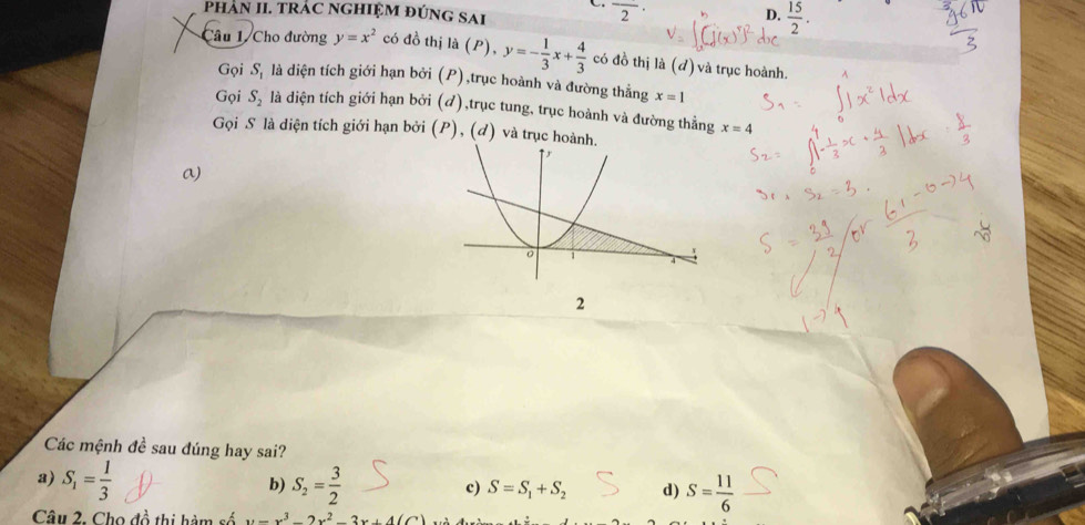 phÂN II. TRÁC NGHIỆM đÚNG SAI D.  15/2 .
overline 2·
Câu 1 Cho đường y=x^2 có đồ thị là (P y=- 1/3 x+ 4/3  có đồ thị là (đ) và trục hoành.
Gọi S_1 là diện tích giới hạn bởi (P),trục hoành và đường thằng x=1
Gọi S_2 là diện tích giới hạn bởi (ơ),trục tung, trục hoành và đường thẳng x=4
Gọi S là diện tích giới hạn bởi (P), (d) và trục hoành.
a)
2
Các mệnh de sau dúng hay sai?
a) S_1= 1/3  S_2= 3/2  c) S=S_1+S_2 d) S= 11/6 
b)
Câu 2. Cho đồ thị hàm số y=x^3-2x^2-3x+4(C)