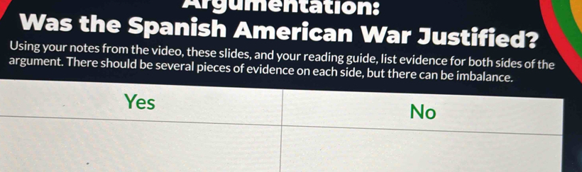 Argumentation:
Was the Spanish American War Justified?
Using your notes from the video, these slides, and your reading guide, list evidence for both sides of the
argument. There should be several pieces of evidence on each side, but there can be imbalance.
Yes
No