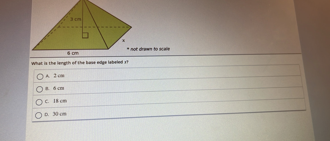 not drawn to scale
A. 2 cm
B. 6 cm
C. 18 cm
D. 30 cm