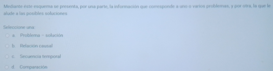 Mediante éste esquema se presenta, por una parte, la información que corresponde a uno o varios problemas, y por otra, la que le
alude a las posibles soluciones
Seleccione una:
a. Problema - solución
b. Relación causal
c. Secuencia temporal
d. Comparación