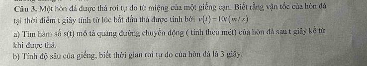 Một hòn đá được thả rơi tự do từ miệng của một giếng cạn. Biết rằng vận tốc của hòn đá 
tại thời điểm t giây tính từ lúc bắt đầu thá được tính bởi v(t)=10t(m/s)
a) Tìm hàm số s(t) mô tả quãng đường chuyển động ( tính theo mét) của hòn đá sau t giây kể từ 
khi được thả. 
b) Tính độ sâu của giếng, biết thời gian rơi tự do của hòn đá là 3 giây.