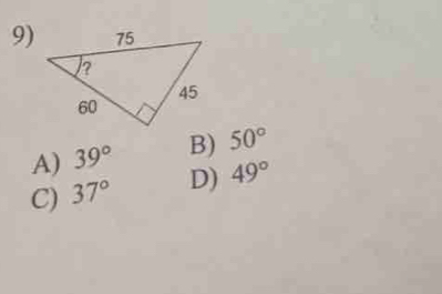 A) 39° B) 50°
C) 37° D) 49°