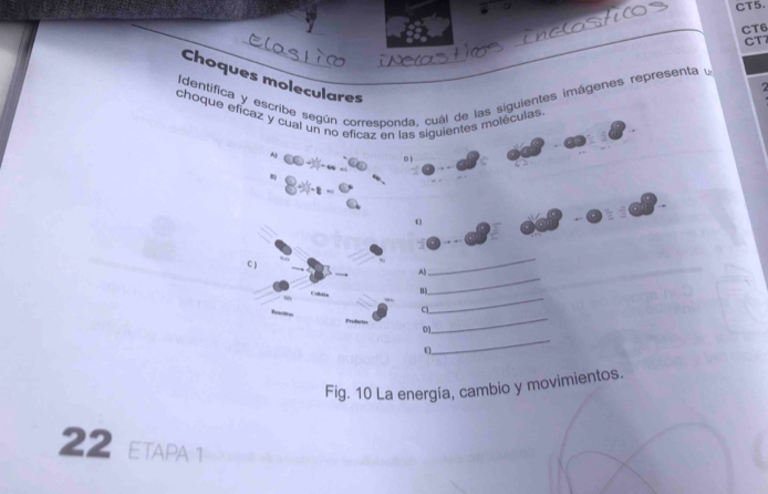 los incostic CT5. 
CT6 
CT 
Choques moleculares 
Identifica y escribe según corresponda, cuál de las siguientes imágenes representa u 7
choque eficaz y cual un no eficaz en las siguientes moléculas. 
A 

C 
_ 
_ 
A 
B5 
C 
_ 
_ 
Frodutss 01 
_ 
E 
Fig. 10 La energía, cambio y movimientos. 
22 ETAPA 1