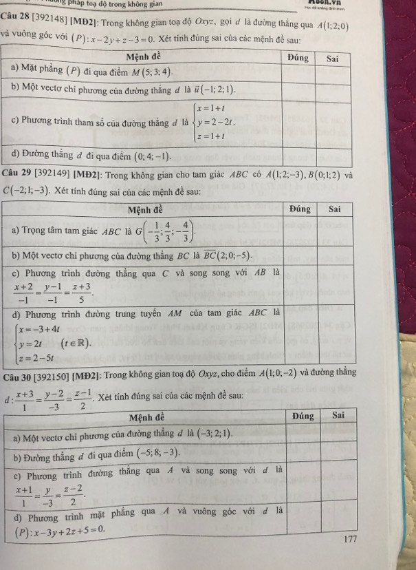 long pháp toạ độ trong không gian ọc đải không đình nah
Câu 28 [392148] [MĐ2]: Trong không gian toạ độ Oxyz, gọi ơ là đường thắng qua A(1;2;0)
và vuông gốc với (P): :x-2y+z-3=0 Xét tính đúng sai của các mệnh đề sau:
] [MĐ2]: Trong không gian cho tam giác ABC có A(1;2;-3),B(0;1;2) và
C(-2;1;-3). Xét tính đúng sai của các mệnh đề sau:
Câu 30 [392150] [MĐ2]: Trong không gian toạ độ A(1;0;-2)
d :  (x+3)/1 = (y-2)/-3 = (z-1)/2 . Xét tính đúng sai của các mệnh đề sau: