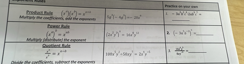 It Rules
Divide the coefficients, subtract the exponents