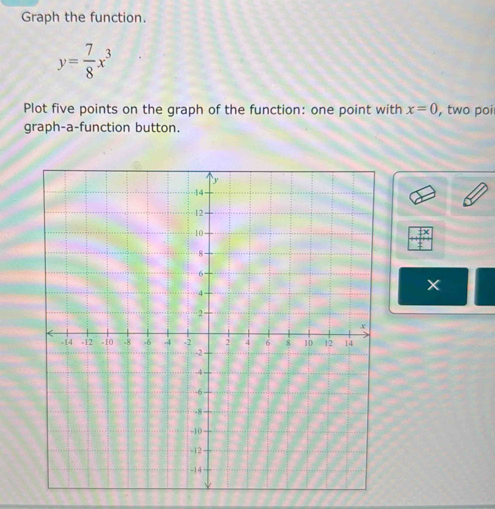 Graph the function.
y= 7/8 x^3
Plot five points on the graph of the function: one point with x=0 , two poi 
graph-a-function button.
X