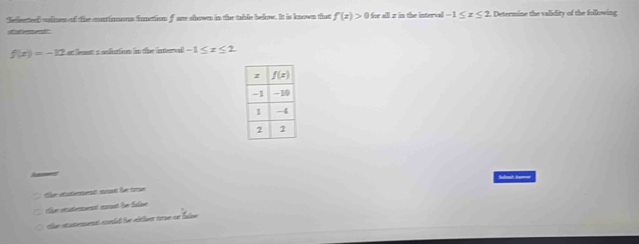 Sellectedd valnes of the cominuous function f are shown in the table below. It is known that f'(x)>0 for all z in the interval -1≤ z≤ 2. Determine the validity of the following
statiement
f(x)=-12 a leat a anfirtion in the intera -1≤ x≤ 2
Sulmit Aamer
the stement must he toe
the statement amst he fase 
the aatementt could he either tre ae false