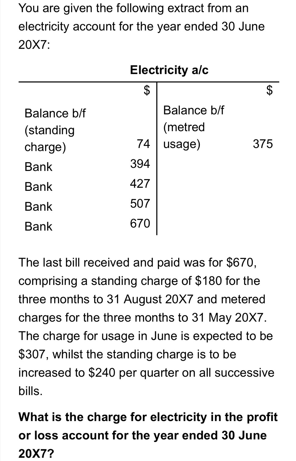 You are given the following extract from an 
electricity account for the year ended 30 June 
20X7: 
The last bill received and paid was for $670, 
comprising a standing charge of $180 for the
three months to 31 August 20X7 and metered 
charges for the three months to 31 May 20X7. 
The charge for usage in June is expected to be
$307, whilst the standing charge is to be 
increased to $240 per quarter on all successive 
bills. 
What is the charge for electricity in the profit 
or loss account for the year ended 30 June
20X7?