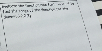 Evaluate the function rule f(x)=-2x-4 to 
find the range of the function for the 
domain  -2,0,2