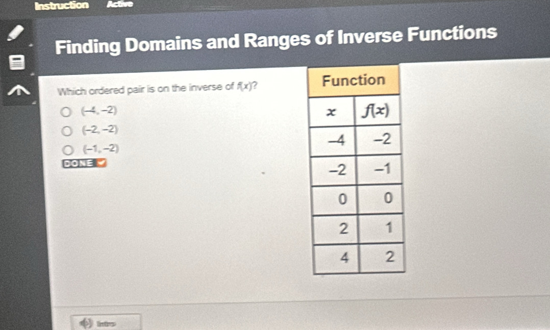 Instruction Active
Finding Domains and Ranges of Inverse Functions
Which ordered pair is on the inverse of f(x) 2
(-4,-2)
(-2,-2)
(-1,-2)
DONE