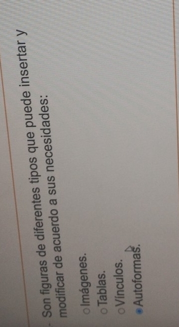 Son figuras de diferentes tipos que puede insertar y
modificar de acuerdo a sus necesidades:
Imágenes.
Tablas.
Vínculos.
Autoformas.