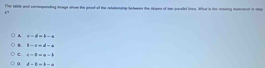 The table and corresponding image show the proof of the relationship between the slopes of two parallel lines. What is the missing statement in step
4?
A. c-d=b-a
B. b-c=d-a
C. c-0=a-b
D. d-0=b-a