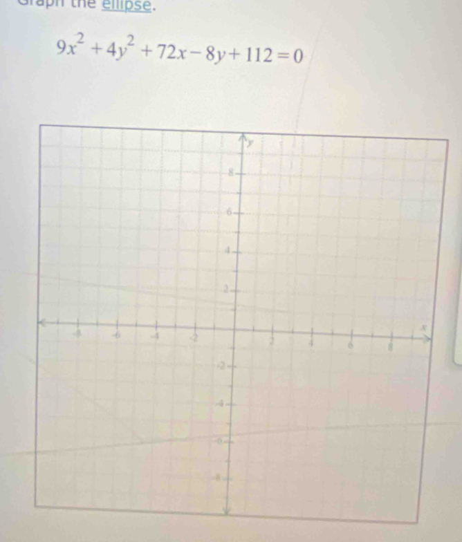 Graph the ellipse.
9x^2+4y^2+72x-8y+112=0