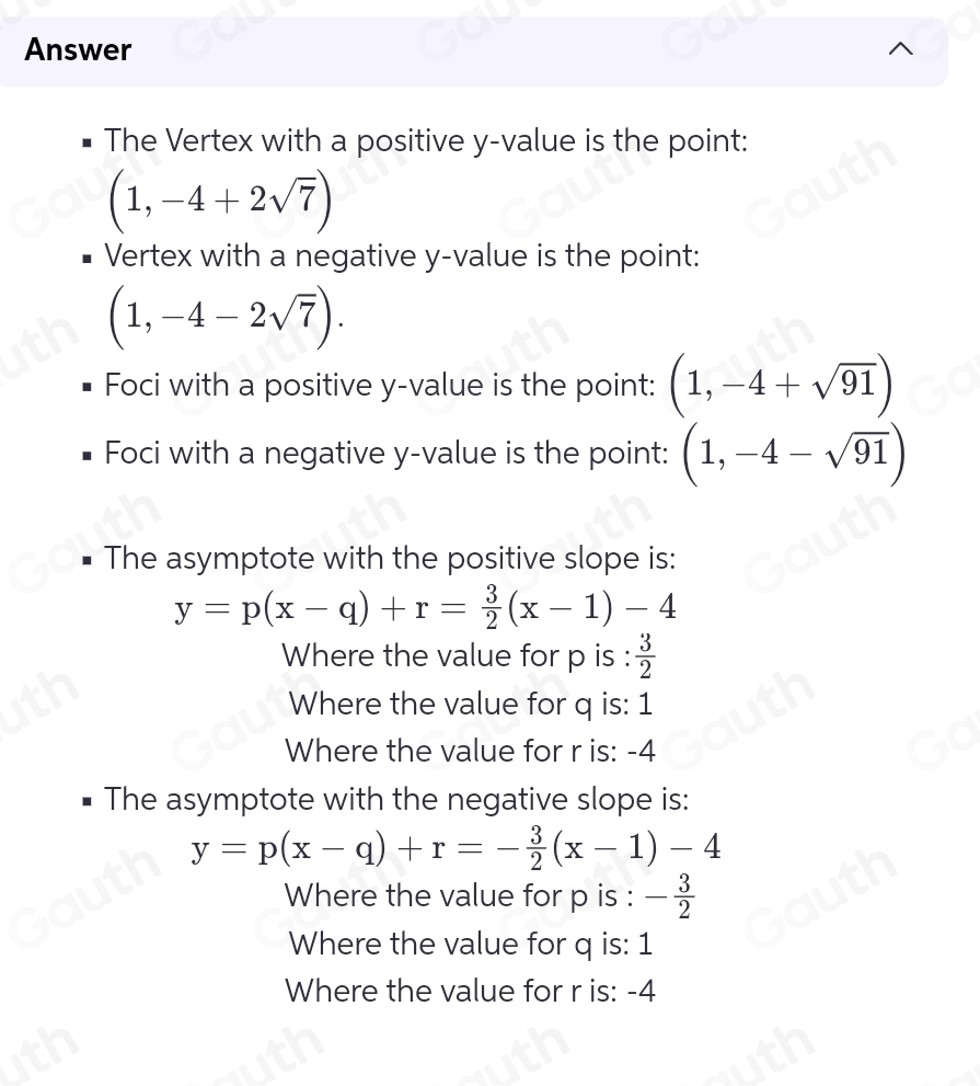 Solved: Identify the vertices, foci and equations for the asymptotes of ...