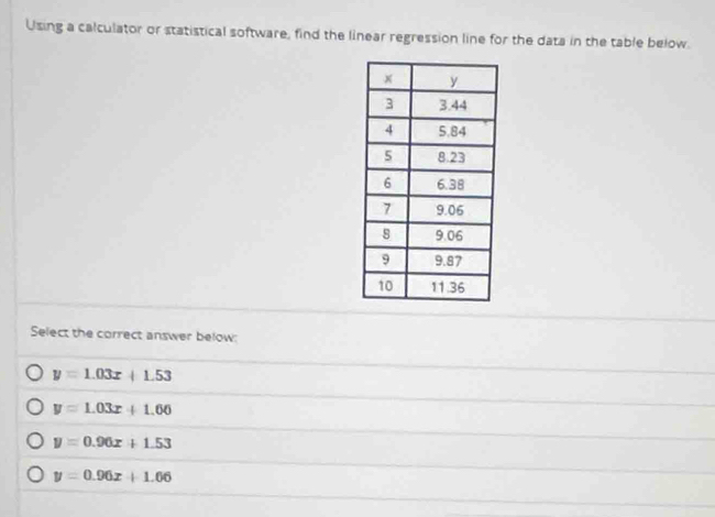 Using a calculator or statistical software, find the linear regression line for the data in the table below.
Select the correct answer below:
y=1.03x+1.53
y=1.03x+1.60
y=0.96x+1.53
y=0.96x+1.06