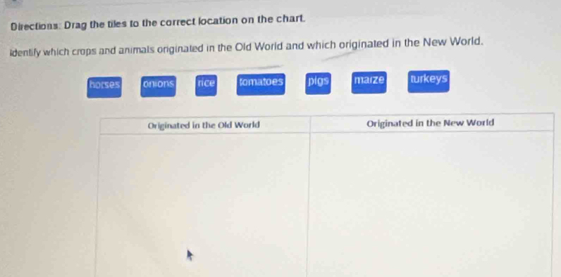 Directions: Drag the tiles to the correct location on the chart.
identify which crops and animals originated in the Old World and which originated in the New World.
horses onions rice fomatoes DIOS maize turkeys