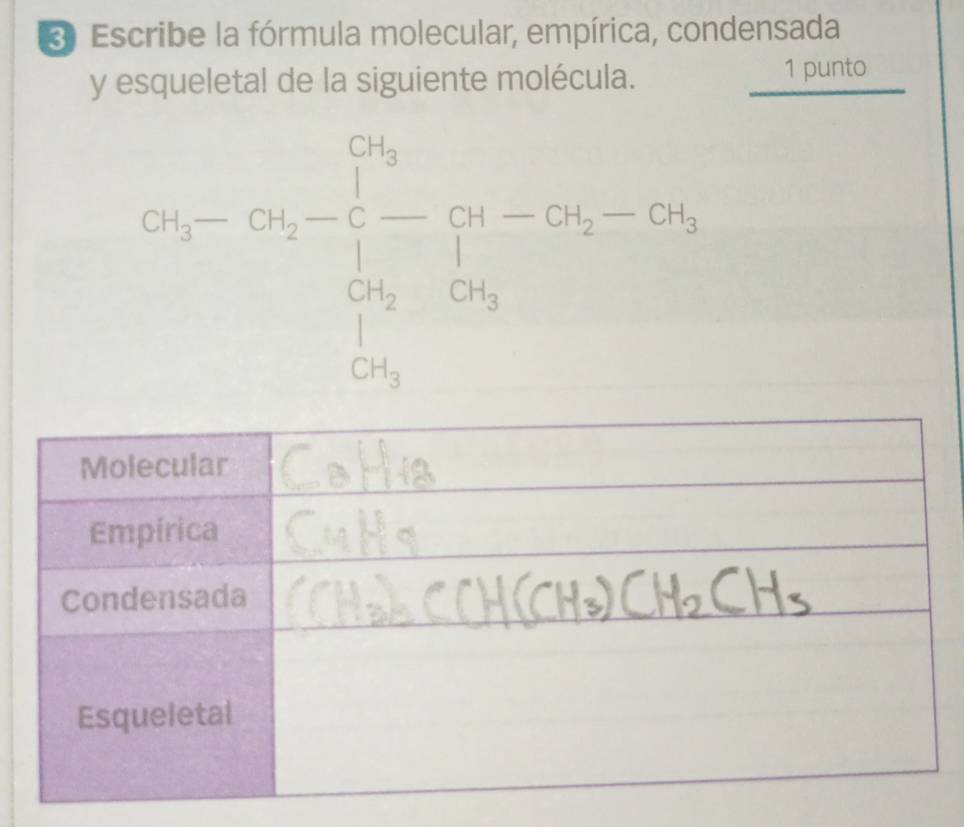 Escribe la fórmula molecular, empírica, condensada 
y esqueletal de la siguiente molécula. 1 punto
C_5-C_5-frac (C_7)^2-C_1^(2=C_1)-C_2-C_2>0_2