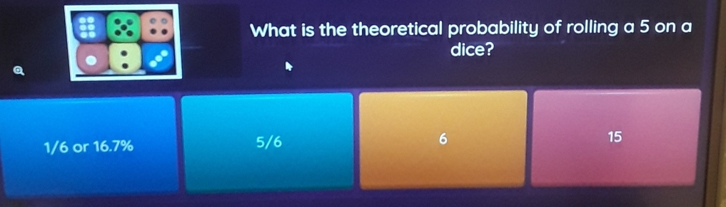 What is the theoretical probability of rolling a 5 on a
dice?
1/6 or 16.7% 5/6
6
15