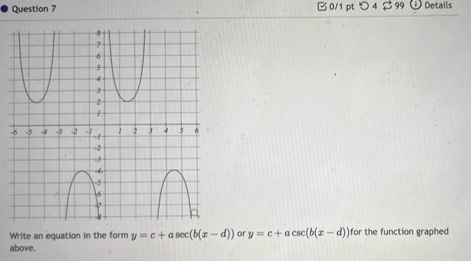 0/1 ptつ 4 ?99 Details
-
Write an equation in the form y=c+asec (b(x-d)) or y=c+acsc (b(x-d)) for the function graphed
above.