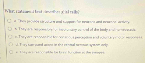 What statement best describes glial cells?
a. They provide structure and support for neurons and neuronal activity.
b. They are responsible for involuntary control of the body and homeostasis.
c. They are responsible for conscious perception and voluntary motor responses.
d. They surround axons in the central nervous system only.
e. They are responsible for brain function at the synapse.