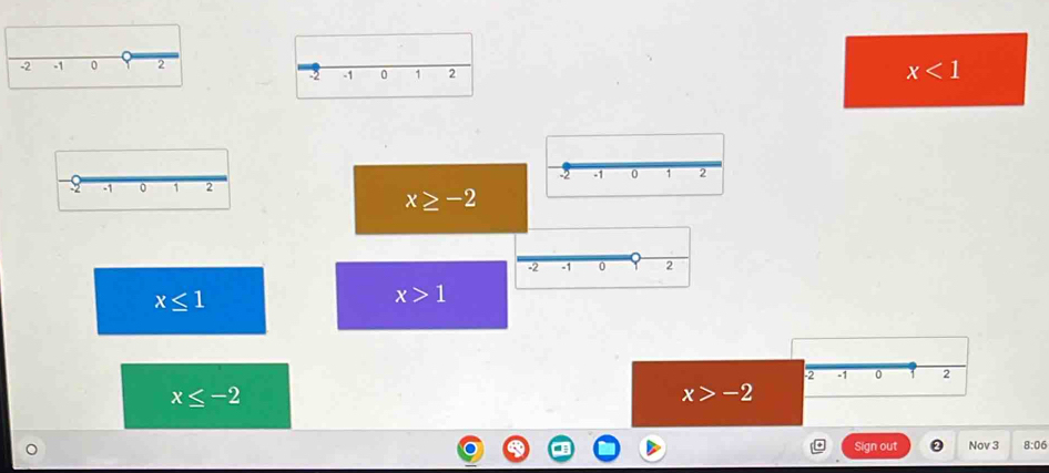 -2 -1 0 2
2 -1 0 1 2 x<1</tex>
-1 0 1 2
x≥ -2
x≤ 1
x>1
-2 -1 0 2
x≤ -2
x>-2
a Sign out Nov 3 8:06