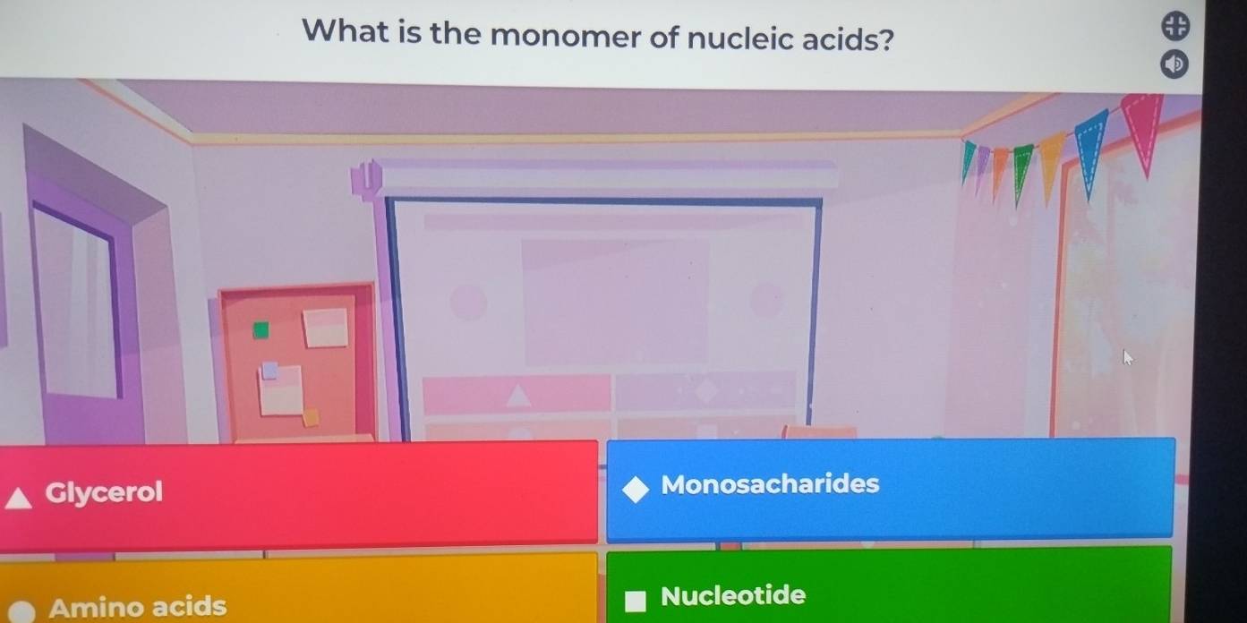 What is the monomer of nucleic acids?
Glycerol Monosacharides
Amino acids Nucleotide