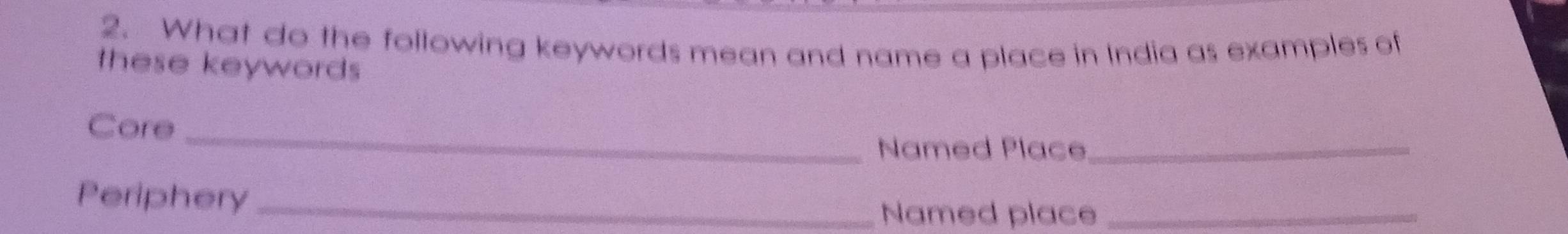 What do the following keywords mean and name a place in India as examples of 
these keywords 
Core_ 
Named Place_ 
Periphery_ 
Named place_