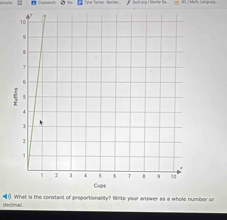 kmarks Classwork itio Tyler Torres - Senten... Quill.org | Starter Ba.. n= IXL | Math, Languag... 
What is the constant of proportionality? Write your answer as a whole number or 
decimal.