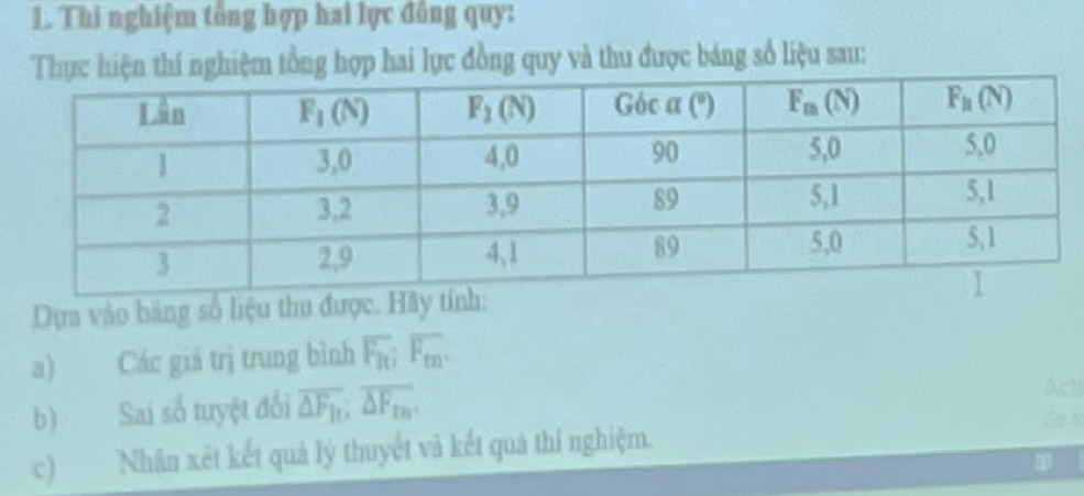 Thi nghiệm tổng hợp hai lực đồng quy:
hiện thí nghiệm tổng hợp hai lực đồng quy và thu được báng số liệu sau:
Dựa vào băng số liệu thu được. Hãy tính:
a) Các giá trị trung bình overline F_f(i)overline F_fm.
Act
b) Sai số tuyệt đổi overline △ F_1;overline △ F_20. Ge t
c) Nhân xét kết quả lý thuyết và kết quả thí nghiệm.