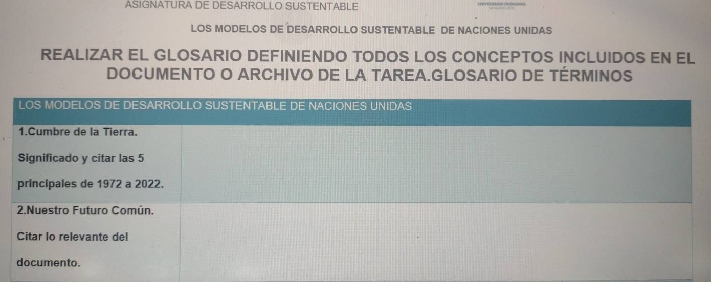 ASIGNATURA DE DESARROLLO SUSTENTABLE 
LOS MODELOS DE DESARROLLO SUSTENTABLE DE NACIONES UNIDAS 
REALIZAR EL GLOSARIO DEFINIENDO TODOS LOS CONCEPTOS INCLUIDOS EN EL 
DOCUMENTO O ARCHIVO DE LA TAREA.GLOSARIO DE TÉRMINOS